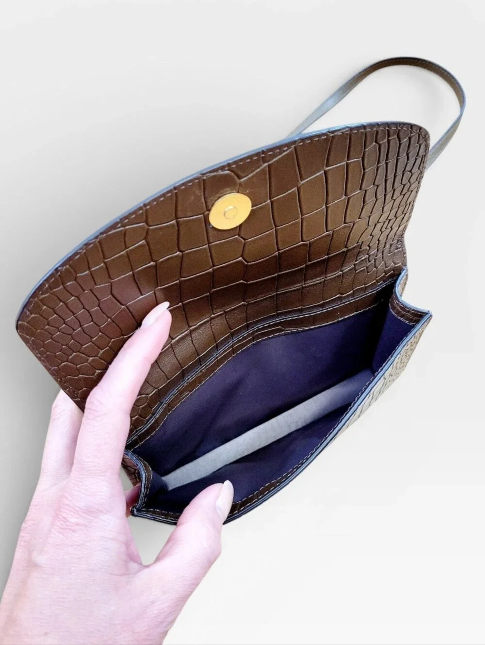 HENRI BENDEL New York Moc Croc Embossed Slim Chocolate Brown Crossbody Handbag